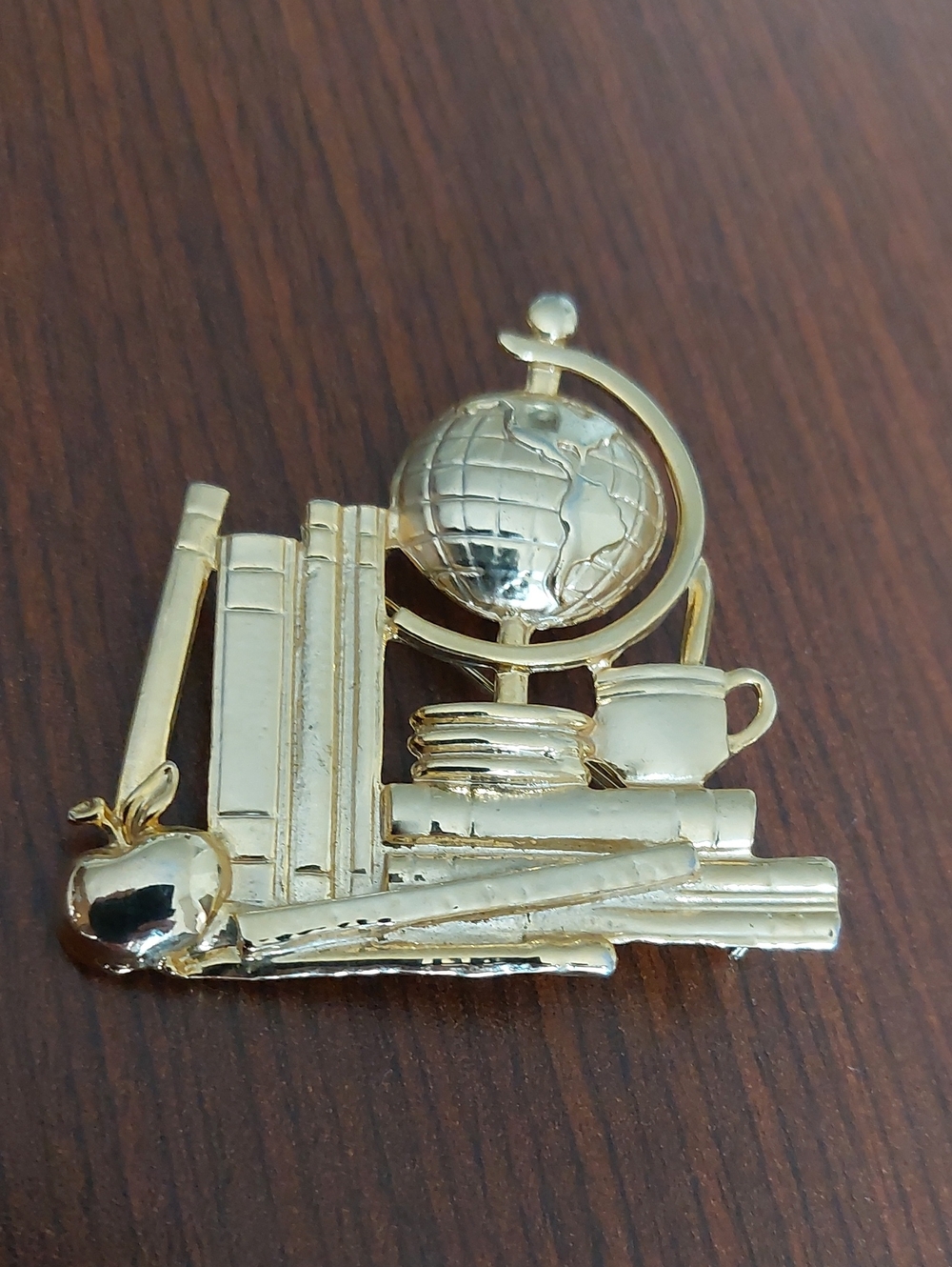 Vintage Gold Tone Teacher Brooch Pin Globe Books Apple Ruler 2.5”